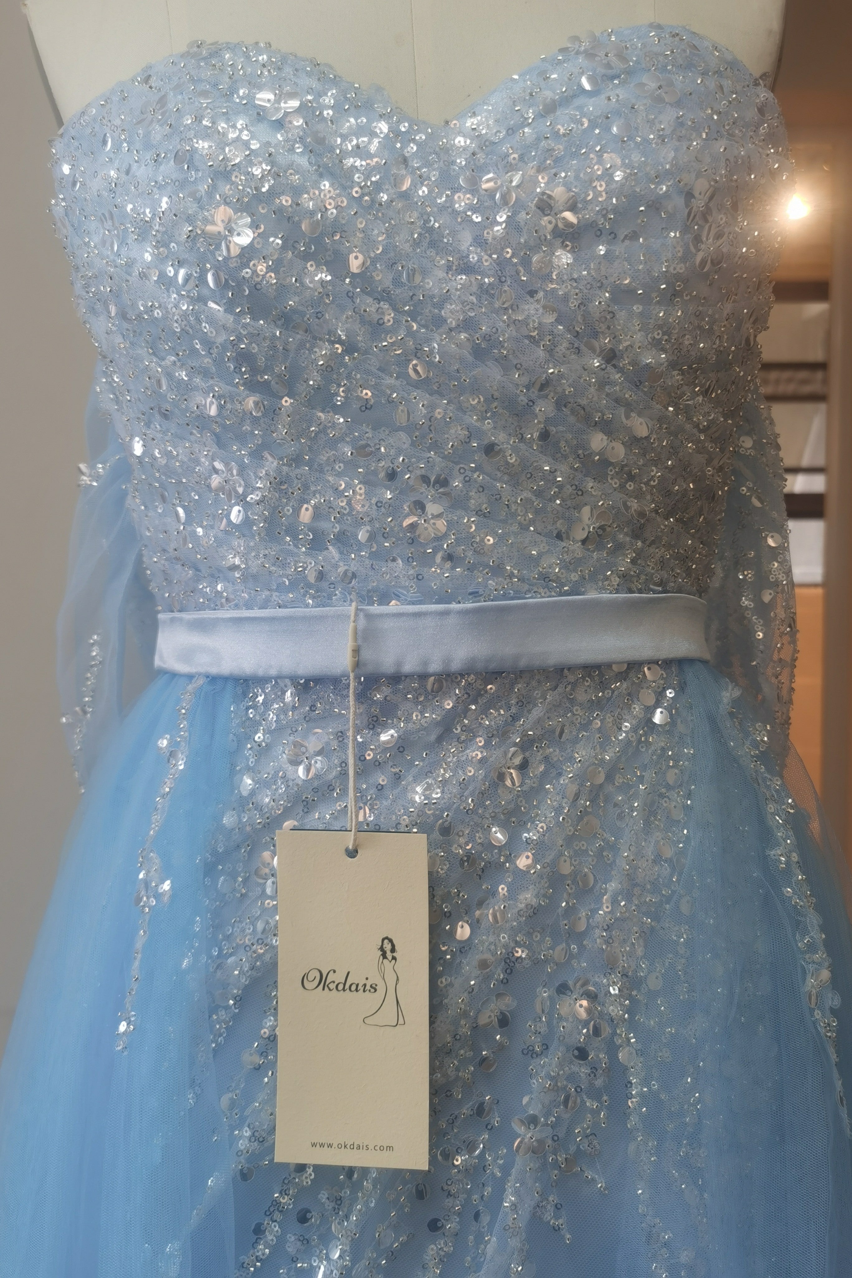 Split Front Sky Blue Off-the-Shoulder Tulle Prom Dress with Sequin Embellishments