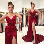 Split Front Spaghetti-Strap V-neck Burgundy Mermaid Prom Dress