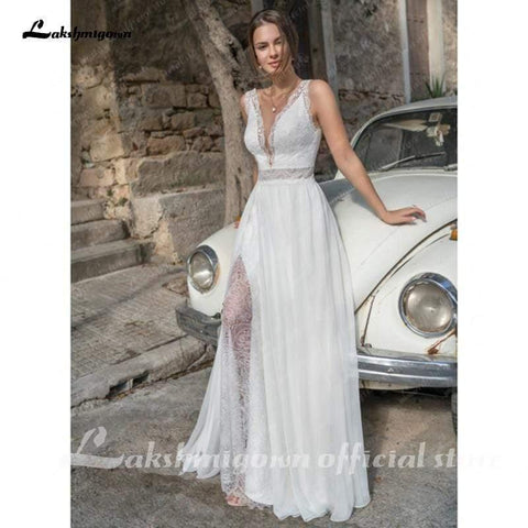 NumberSea Split Lace Brautkleid Sommer Brautkleider Sexy Spitze V-Ausschnitt A-Linie