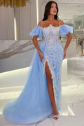 Vestido de Fiesta con Tirantes Espagueti Separados, Hombros Descubiertos, Cola de Sirena, Tul y Aplicaciones de Encaje