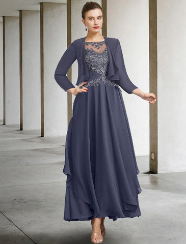Zweiteiliges A-Linien-Kleid in Übergröße für die Brautmutter, Hochzeitsgast, eleganter Rundhalsausschnitt, knöchellang, Chiffon-Spitze, kurze Ärmel, Herbstwickel inklusive gerüschter Applikationen