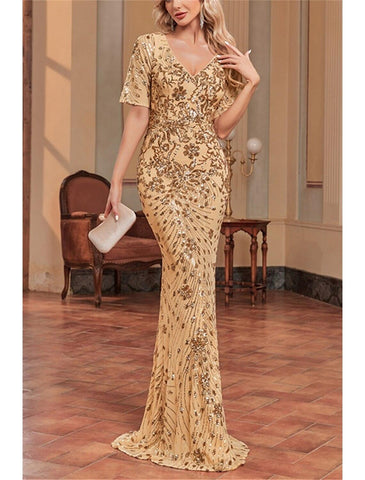 Meerjungfrau/Trompete Kleid für die Brautmutter, Hochzeitsgast, Sparkle &amp; Shine, elegant, V-Ausschnitt, bodenlang, Pailletten, kurze Ärmel mit Paillettenblume