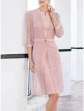 Etuikleid/Säulenkleid für die Mutter der Braut, Hochzeitsgast, elegant, zierlich, U-Ausschnitt, knielang, Stretch-Chiffon, halbe Ärmel, mit Kristallbrosche, einfarbig