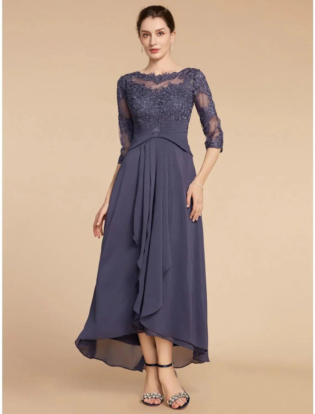 Vestido de mãe da noiva em linha A da Numbersea, elegante, decote redondo, comprimento até ao tornozelo, chiffon, renda, manga 3/4 com franzido, cor sólida