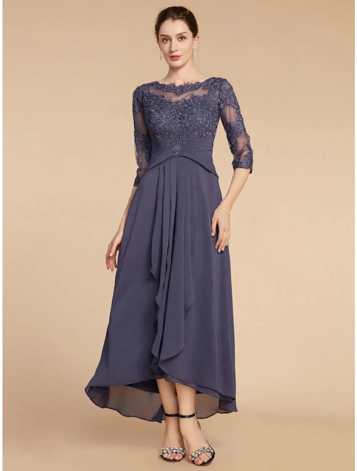 Vestido de mãe da noiva em linha A da Numbersea, elegante, decote redondo, comprimento até ao tornozelo, chiffon, renda, manga 3/4 com franzido, cor sólida