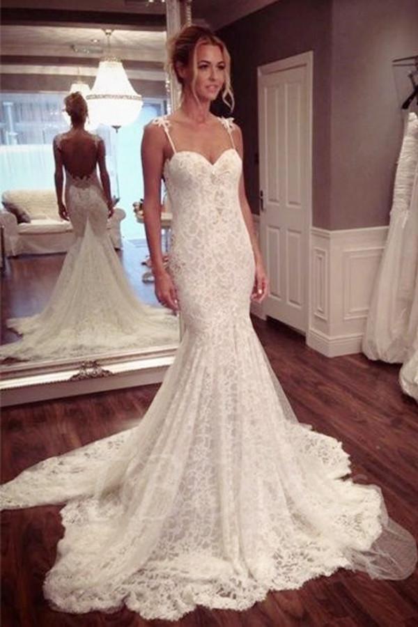 Sweetheart-Ausschnitt rückenfreies Meerjungfrau-Spitzen Brautkleid Ballkleid