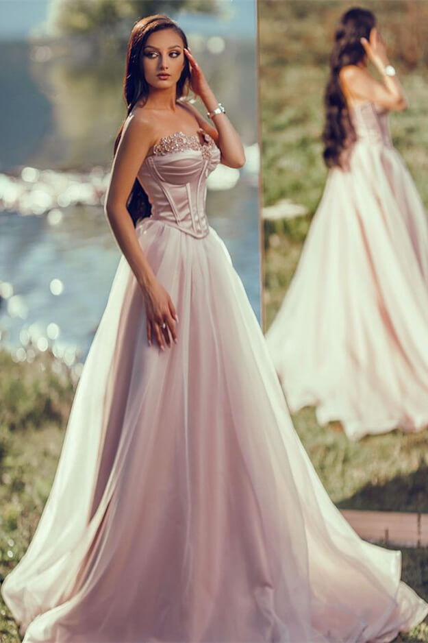 Strapless A-line Long Prom Dress with Tulle Applique and Pleats