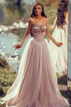 Strapless A-line Long Prom Dress with Tulle Applique and Pleats
