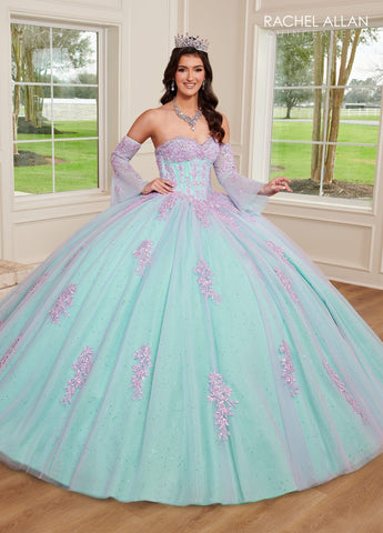 Trägerloses Quinceanera-Kleid mit Glockenärmeln von Rachel Allan RQ1120