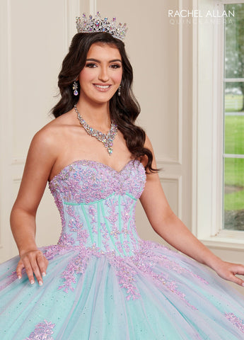 Trägerloses Quinceanera-Kleid mit Glockenärmeln von Rachel Allan RQ1120