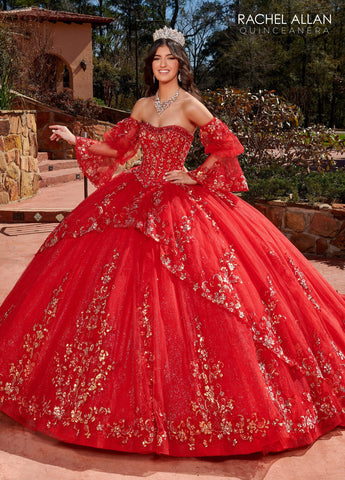 Trägerloses Quinceanera-Kleid mit Glockenärmeln von Rachel Allan RQ2178