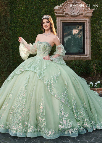 Trägerloses Quinceanera-Kleid mit Glockenärmeln von Rachel Allan RQ2178