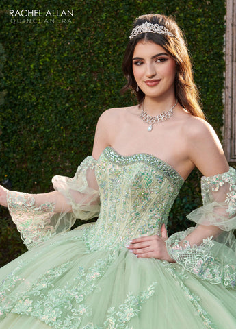 Trägerloses Quinceanera-Kleid mit Glockenärmeln von Rachel Allan RQ2178