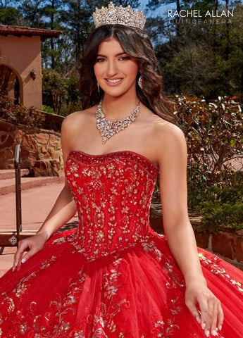 Trägerloses Quinceanera-Kleid mit Glockenärmeln von Rachel Allan RQ2178