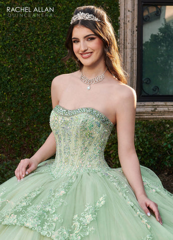 Trägerloses Quinceanera-Kleid mit Glockenärmeln von Rachel Allan RQ2178