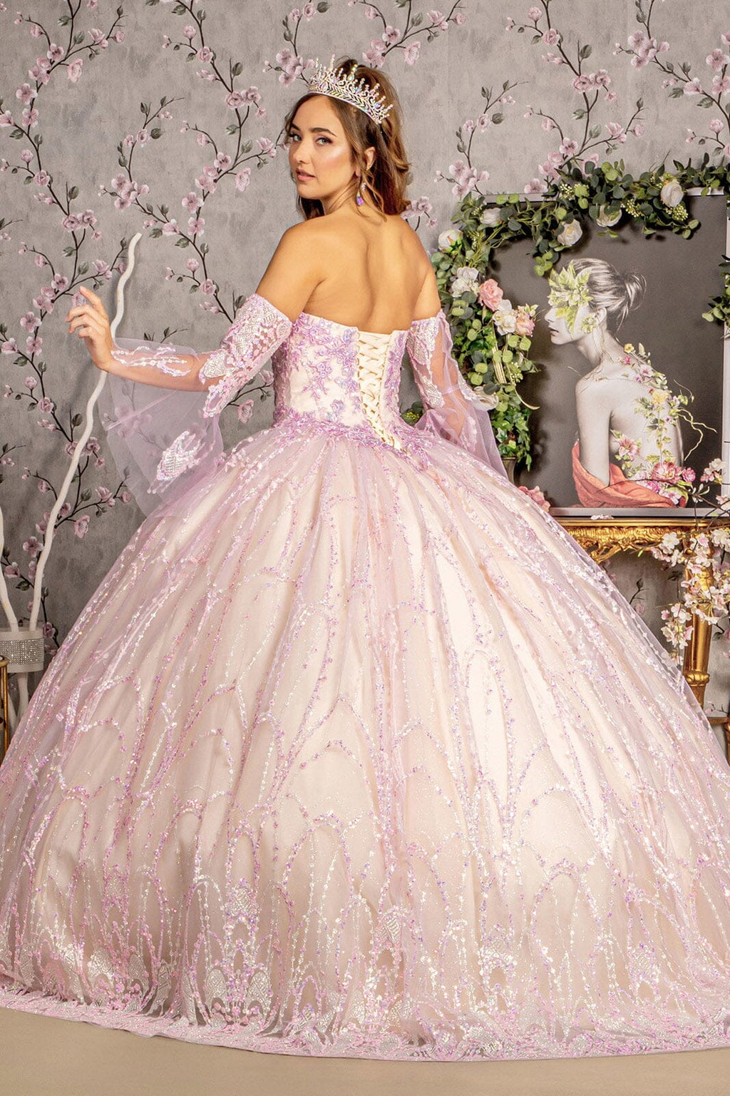 Strapless Bell Sleeve Two-Tone Ball Gown by GLS Gloria GL3234