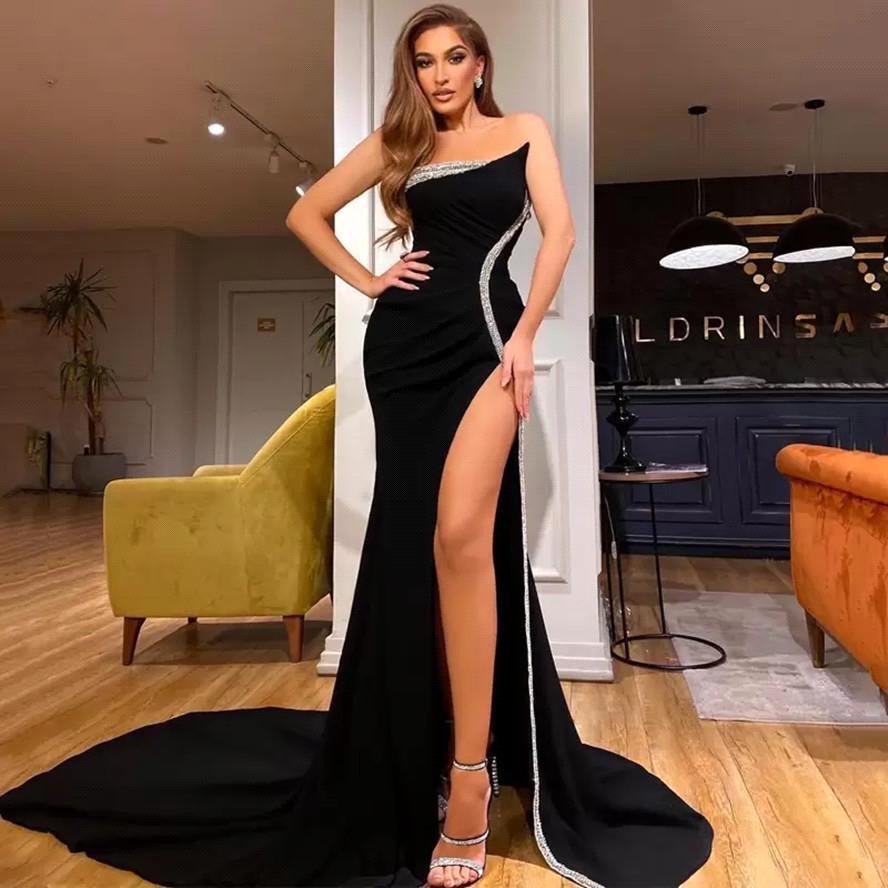 Strapless Black Long Mermaid Formal Prom Dress with Slit