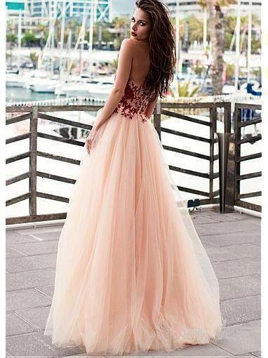 Vestidos de baile sem alças, blush, renda, aplicações, tule, vestido de noite formal PG775