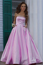 Strapless Burgundy Long A-line Satin Prom Dress with Pockets