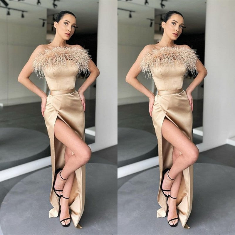 Long Satin Strapless Feather Mermaid Prom Dress with Slit