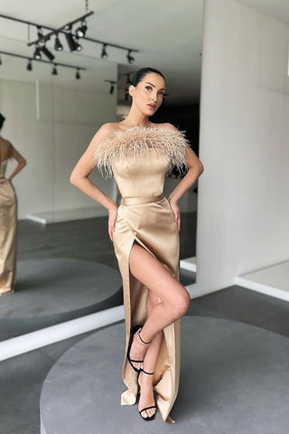 Long Satin Strapless Feather Mermaid Prom Dress with Slit