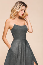 Trägerloses Glitzer-Aline-Abendkleid, ärmellos, Schlitz vorne, Tanzpartykleid