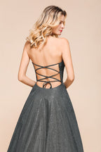 Trägerloses Glitzer-Aline-Abendkleid, ärmellos, Schlitz vorne, Tanzpartykleid