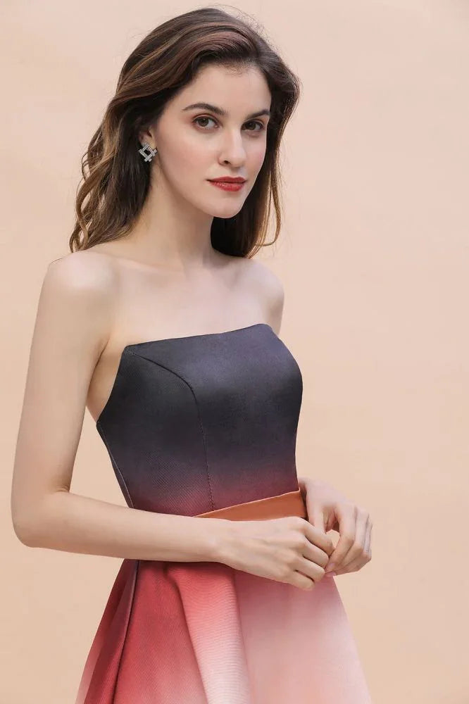 Trägerlos Verlauf Satin Mini-Partykleid Kniebundlanges Homecoming-Kleid