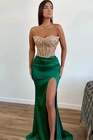 Long Strapless Mermaid Beads Applique Lace Evening Dress with Split