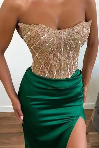 Long Strapless Mermaid Beads Applique Lace Evening Dress with Split
