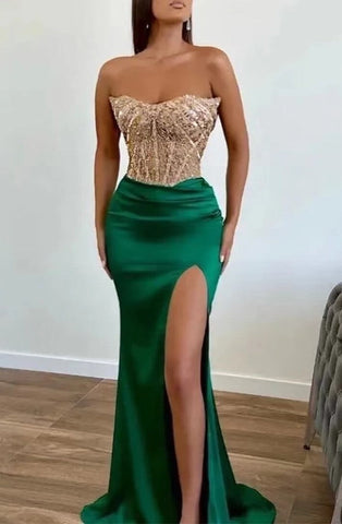 Long Strapless Mermaid Beads Applique Lace Evening Dress with Split