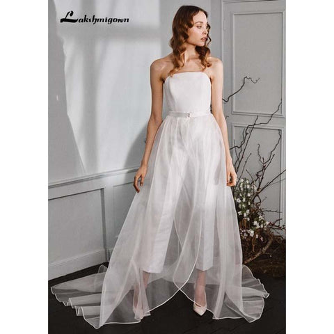 NumberSea Trägerlose Jumpsuits Brautkleider mit abnehmbarer Schleppe