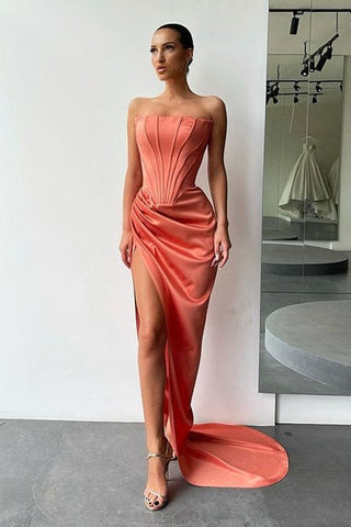 Royal Blue Strapless Long Mermaid Satin Split Evening Party Dresses