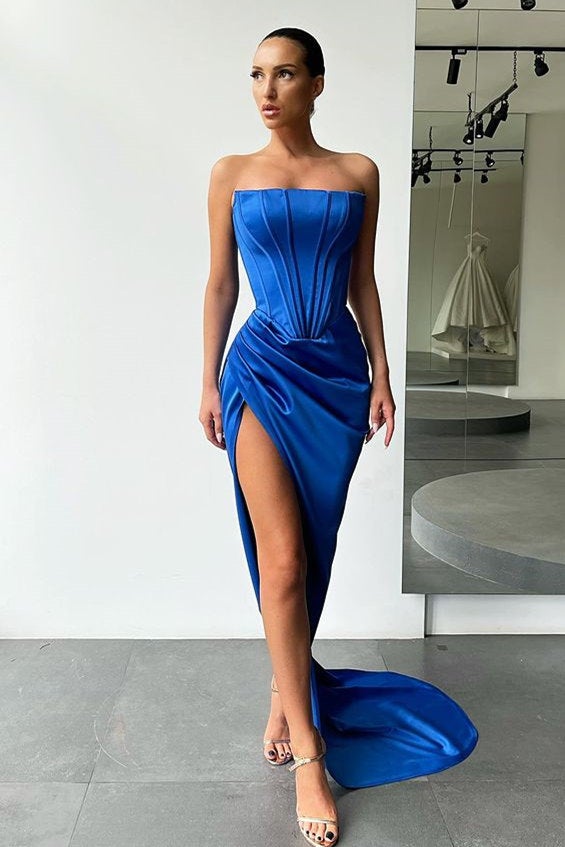 Vestidos de festa à noite compridos, azul royal, sem alças, sereia, cetim, racha