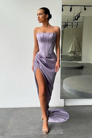 Royal Blue Strapless Long Mermaid Satin Split Evening Party Dresses