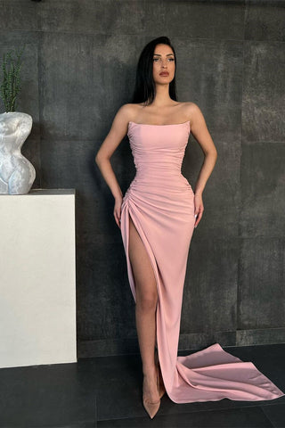 Red Strapless Mermaid Long Satin Evening Dress with Split