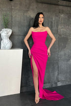 Red Strapless Mermaid Long Satin Evening Dress with Split