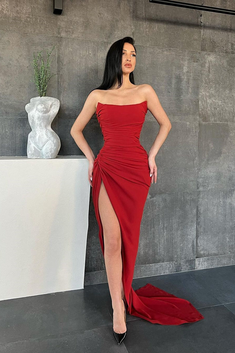 Red Strapless Mermaid Long Satin Evening Dress with Split