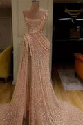 Vestido de Noche Largo Sin Tirantes con Lentejuelas y Abertura