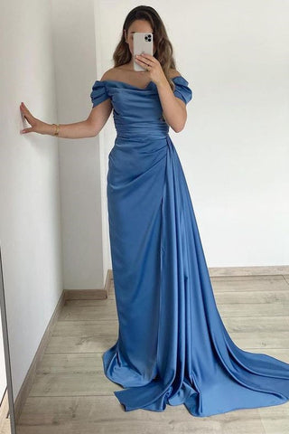 Strapless Off The Shoulder Long Satin Mermaid Prom Dress with Ruffles