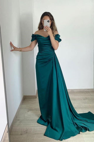 Strapless Off The Shoulder Long Satin Mermaid Prom Dress with Ruffles