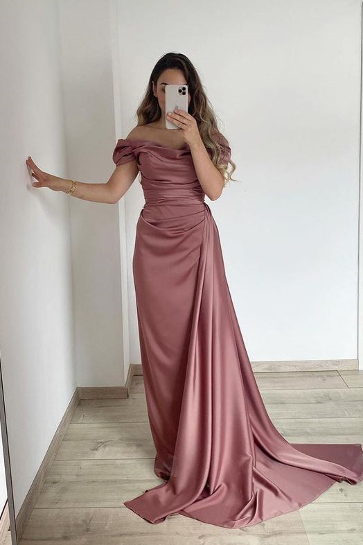 Strapless Off The Shoulder Long Satin Mermaid Prom Dress with Ruffles