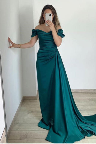 Strapless Off The Shoulder Long Satin Mermaid Prom Dress with Ruffles