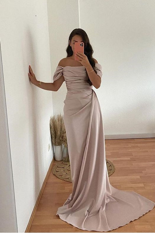 Strapless Off The Shoulder Long Satin Mermaid Prom Dress with Ruffles