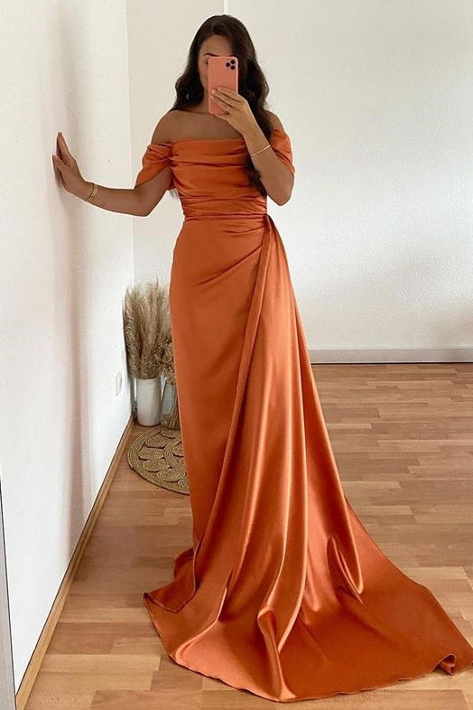 Strapless Off The Shoulder Long Satin Mermaid Prom Dress with Ruffles