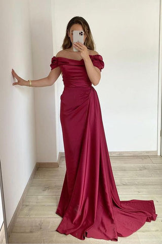 Strapless Off The Shoulder Long Satin Mermaid Prom Dress with Ruffles