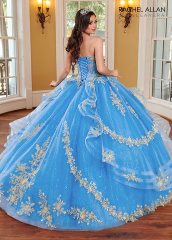 Trägerloses Quinceanera-Kleid mit Puffärmeln von Rachel Allan RQ1118