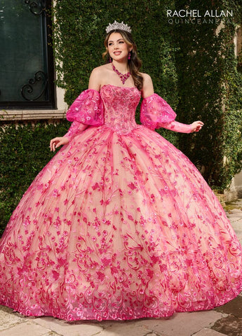 Trägerloses Quinceanera-Kleid mit Puffärmeln von Rachel Allan RQ1123