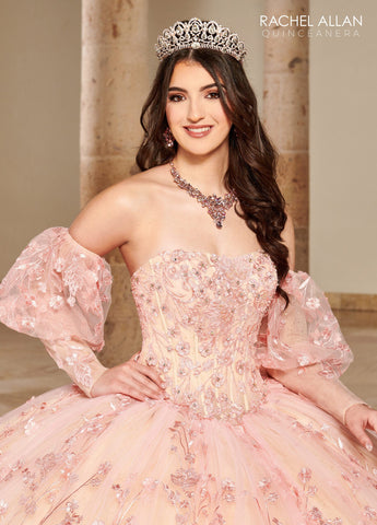 Trägerloses Quinceanera-Kleid mit Puffärmeln von Rachel Allan RQ1123
