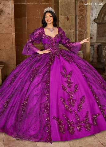 Trägerloses Quinceanera-Kleid mit Puffärmeln von Rachel Allan RQ1135